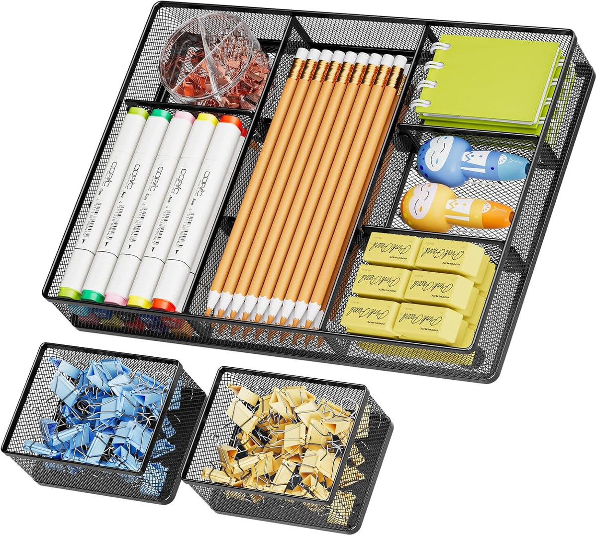 3 Packs Desk Drawer Organizers, Metal Mesh Dividers Desk Drawer Organizer Tray with 9 Adjustable Compartments, Pen Organizer for Drawer Tray Box Accessories for Desktop,Kitchen, Makeup