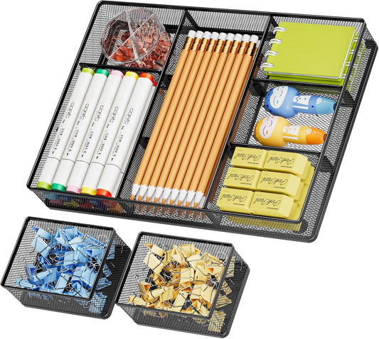 3 Packs Desk Drawer Organizers, Metal Mesh Dividers Desk Drawer Organizer Tray with 9 Adjustable Compartments, Pen Organizer for Drawer Tray Box Accessories for Desktop,Kitchen, Makeup