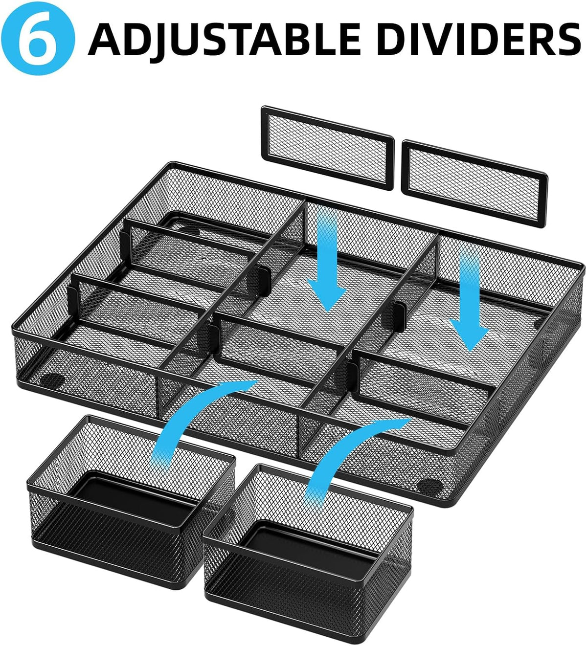 3 Packs Desk Drawer Organizers, Metal Mesh Dividers Desk Drawer Organizer Tray with 9 Adjustable Compartments, Pen Organizer for Drawer Tray Box Accessories for Desktop,Kitchen, Makeup