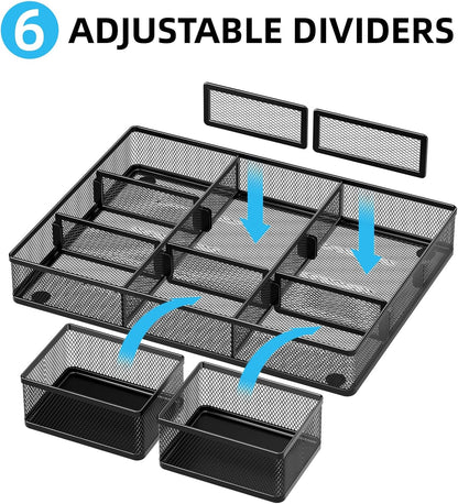 3 Packs Desk Drawer Organizers, Metal Mesh Dividers Desk Drawer Organizer Tray with 9 Adjustable Compartments, Pen Organizer for Drawer Tray Box Accessories for Desktop,Kitchen, Makeup