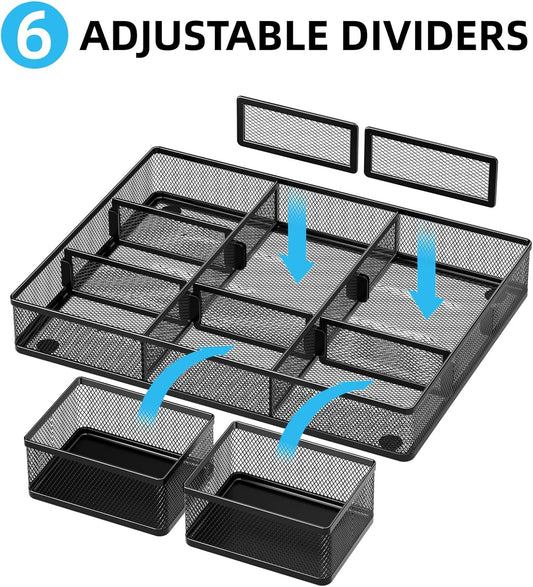 3 Packs Desk Drawer Organizers, Metal Mesh Dividers Desk Drawer Organizer Tray with 9 Adjustable Compartments, Pen Organizer for Drawer Tray Box Accessories for Desktop,Kitchen, Makeup
