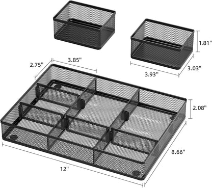 3 Packs Desk Drawer Organizers, Metal Mesh Dividers Desk Drawer Organizer Tray with 9 Adjustable Compartments, Pen Organizer for Drawer Tray Box Accessories for Desktop,Kitchen, Makeup