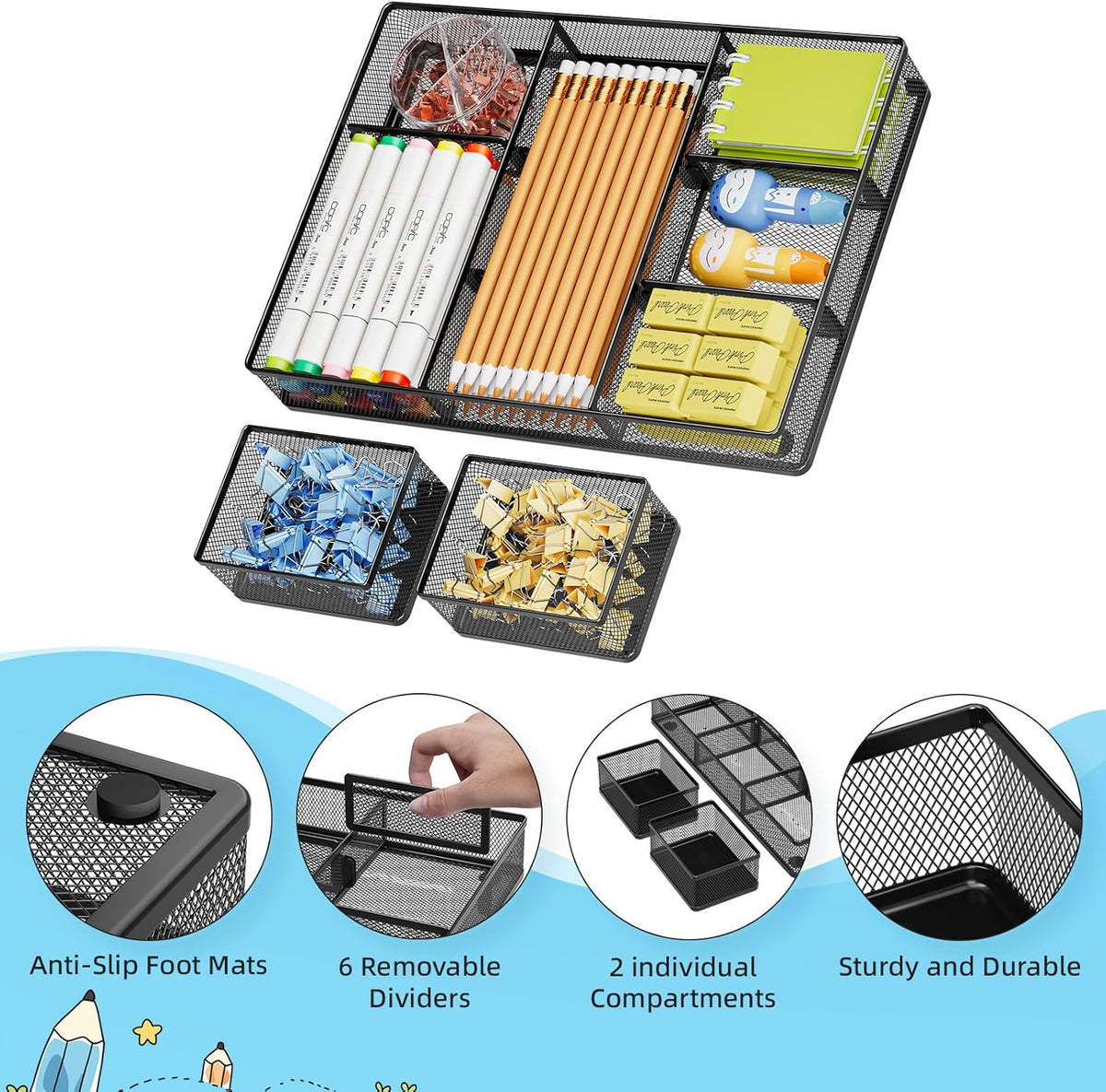 3 Packs Desk Drawer Organizers, Metal Mesh Dividers Desk Drawer Organizer Tray with 9 Adjustable Compartments, Pen Organizer for Drawer Tray Box Accessories for Desktop,Kitchen, Makeup