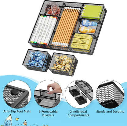3 Packs Desk Drawer Organizers, Metal Mesh Dividers Desk Drawer Organizer Tray with 9 Adjustable Compartments, Pen Organizer for Drawer Tray Box Accessories for Desktop,Kitchen, Makeup