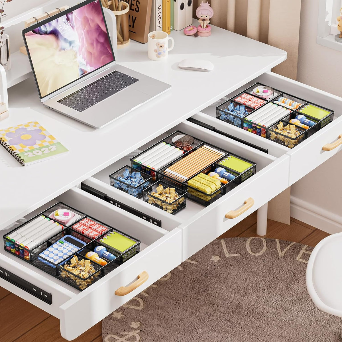 3 Packs Desk Drawer Organizers, Metal Mesh Dividers Desk Drawer Organizer Tray with 9 Adjustable Compartments, Pen Organizer for Drawer Tray Box Accessories for Desktop,Kitchen, Makeup
