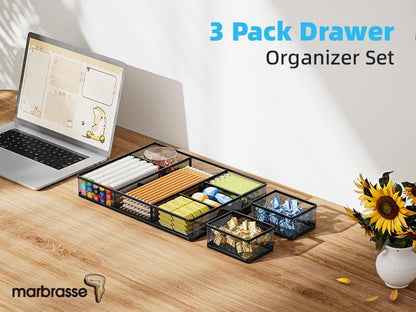 3 Packs Desk Drawer Organizers, Metal Mesh Dividers Desk Drawer Organizer Tray with 9 Adjustable Compartments, Pen Organizer for Drawer Tray Box Accessories for Desktop,Kitchen, Makeup