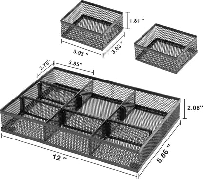 3 Packs Desk Drawer Organizers, Metal Mesh Dividers Desk Drawer Organizer Tray with 9 Adjustable Compartments, Pen Organizer for Drawer Tray Box Accessories for Desktop,Kitchen, Makeup