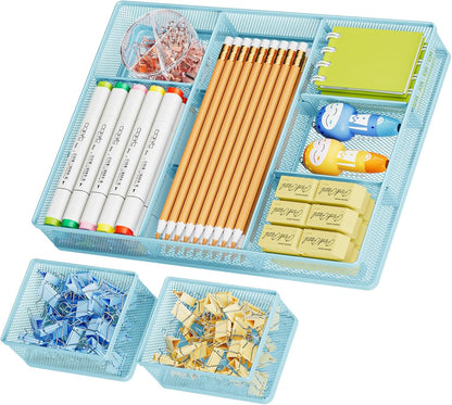 3 Packs Desk Drawer Organizers, Metal Mesh Dividers Desk Drawer Organizer Tray with 9 Adjustable Compartments, Pen Organizer for Drawer Tray Box Accessories for Desktop,Kitchen, Makeup
