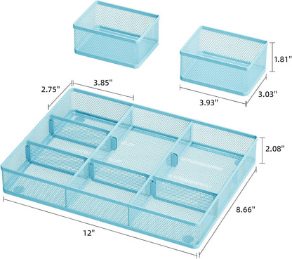 3 Packs Desk Drawer Organizers, Metal Mesh Dividers Desk Drawer Organizer Tray with 9 Adjustable Compartments, Pen Organizer for Drawer Tray Box Accessories for Desktop,Kitchen, Makeup
