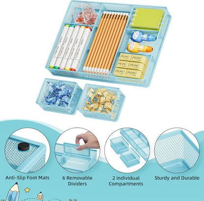 3 Packs Desk Drawer Organizers, Metal Mesh Dividers Desk Drawer Organizer Tray with 9 Adjustable Compartments, Pen Organizer for Drawer Tray Box Accessories for Desktop,Kitchen, Makeup