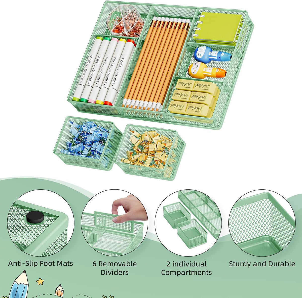 3 Packs Desk Drawer Organizers, Metal Mesh Dividers Desk Drawer Organizer Tray with 9 Adjustable Compartments, Pen Organizer for Drawer Tray Box Accessories for Desktop,Kitchen, Makeup