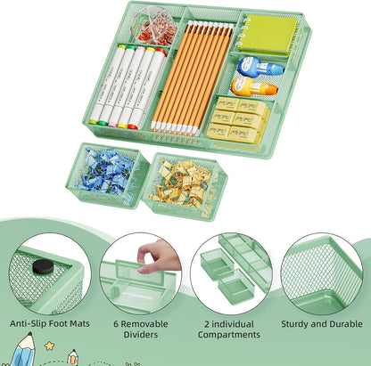 3 Packs Desk Drawer Organizers, Metal Mesh Dividers Desk Drawer Organizer Tray with 9 Adjustable Compartments, Pen Organizer for Drawer Tray Box Accessories for Desktop,Kitchen, Makeup