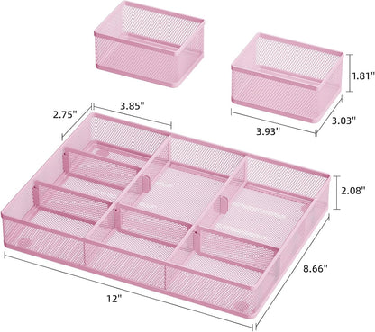 3 Packs Desk Drawer Organizers, Metal Mesh Dividers Desk Drawer Organizer Tray with 9 Adjustable Compartments, Pen Organizer for Drawer Tray Box Accessories for Desktop,Kitchen, Makeup