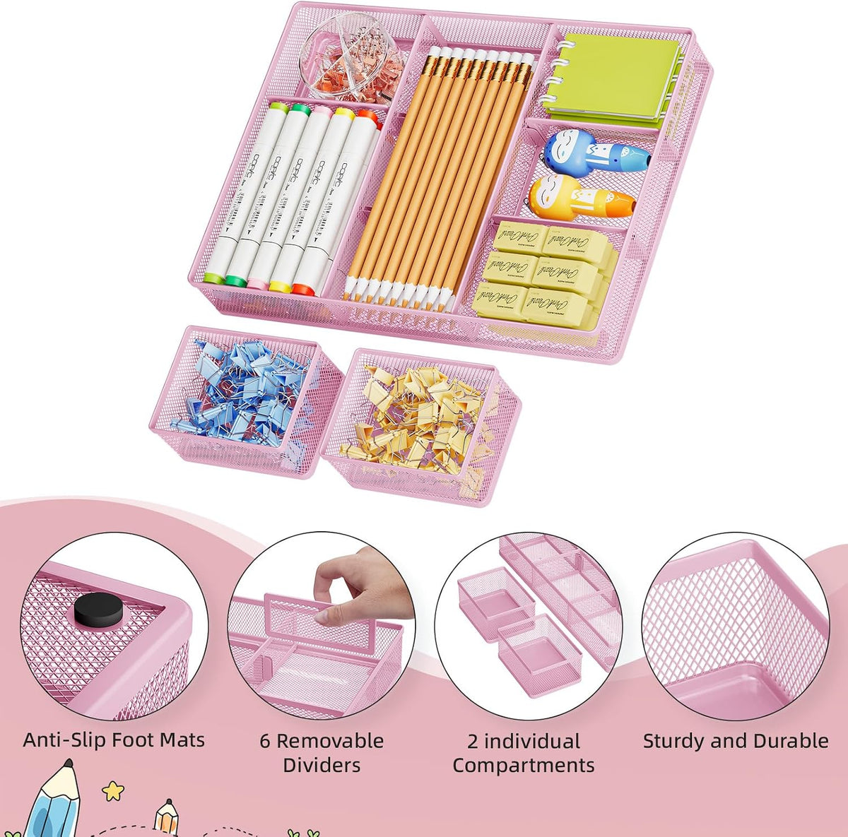 3 Packs Desk Drawer Organizers, Metal Mesh Dividers Desk Drawer Organizer Tray with 9 Adjustable Compartments, Pen Organizer for Drawer Tray Box Accessories for Desktop,Kitchen, Makeup