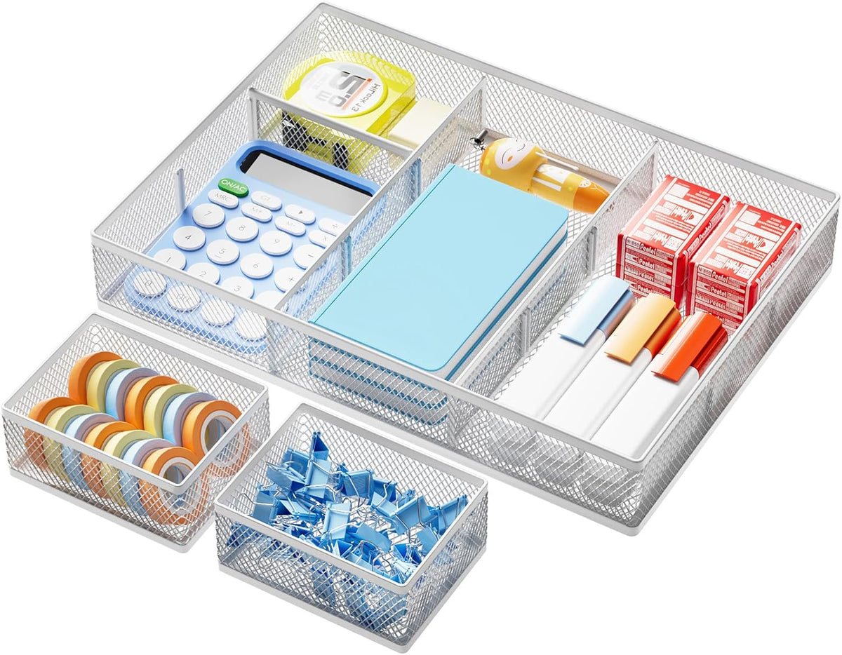 3 Packs Desk Drawer Organizers, Metal Mesh Dividers Desk Drawer Organizer Tray with 9 Adjustable Compartments, Pen Organizer for Drawer Tray Box Accessories for Desktop,Kitchen, Makeup