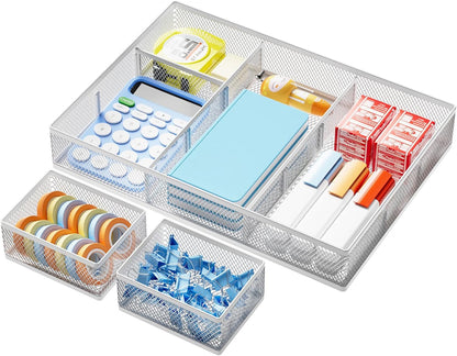 3 Packs Desk Drawer Organizers, Metal Mesh Dividers Desk Drawer Organizer Tray with 9 Adjustable Compartments, Pen Organizer for Drawer Tray Box Accessories for Desktop,Kitchen, Makeup