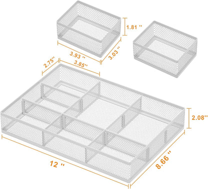3 Packs Desk Drawer Organizers, Metal Mesh Dividers Desk Drawer Organizer Tray with 9 Adjustable Compartments, Pen Organizer for Drawer Tray Box Accessories for Desktop,Kitchen, Makeup