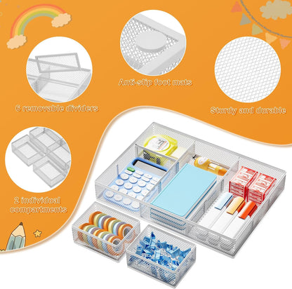 3 Packs Desk Drawer Organizers, Metal Mesh Dividers Desk Drawer Organizer Tray with 9 Adjustable Compartments, Pen Organizer for Drawer Tray Box Accessories for Desktop,Kitchen, Makeup