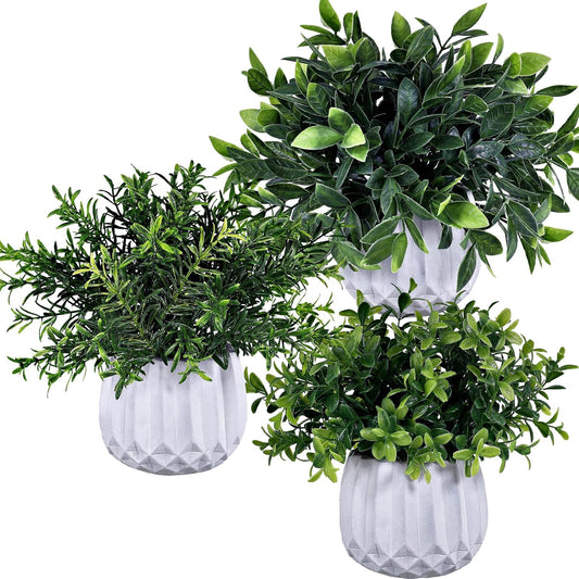 3 Pcs Faux Potted Plants Set - Artificial Eucalyptus, Rosemary, Boxwood Greenery in Small White Geometric Planters for Indoor Outdoor Desk Table Centerpiece Shelf Windowsill Home Office Decor