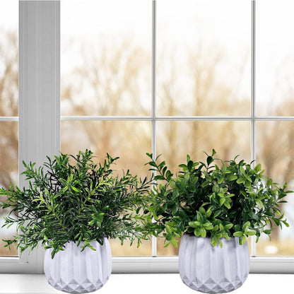 3 Pcs Faux Potted Plants Set - Artificial Eucalyptus, Rosemary, Boxwood Greenery in Small White Geometric Planters for Indoor Outdoor Desk Table Centerpiece Shelf Windowsill Home Office Decor