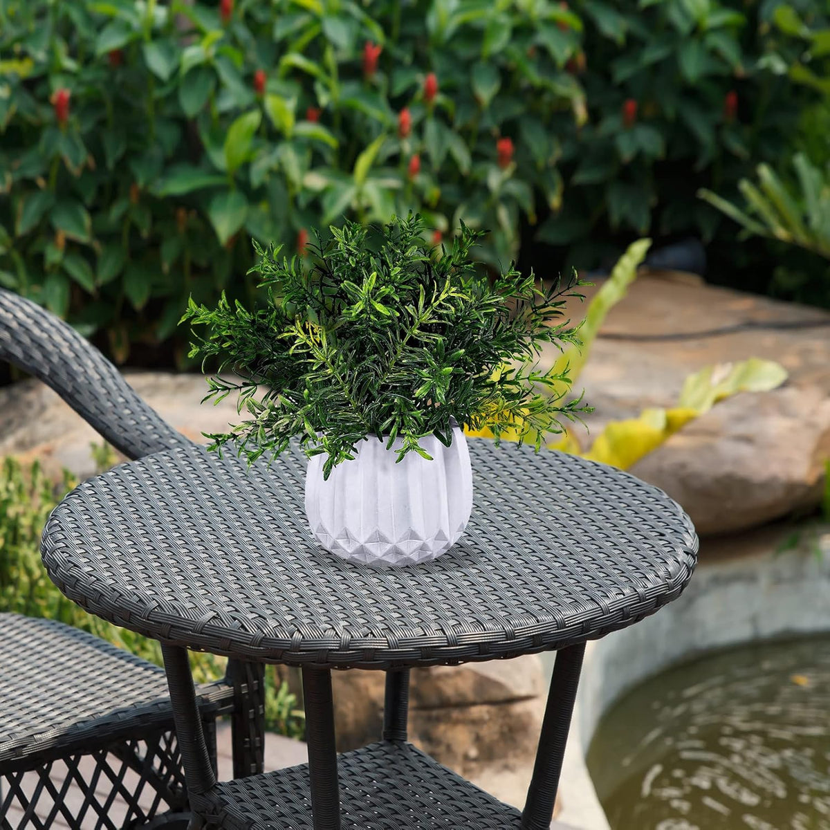 3 Pcs Faux Potted Plants Set - Artificial Eucalyptus, Rosemary, Boxwood Greenery in Small White Geometric Planters for Indoor Outdoor Desk Table Centerpiece Shelf Windowsill Home Office Decor