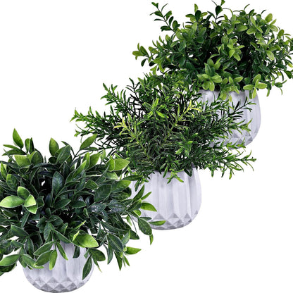 3 Pcs Faux Potted Plants Set - Artificial Eucalyptus, Rosemary, Boxwood Greenery in Small White Geometric Planters for Indoor Outdoor Desk Table Centerpiece Shelf Windowsill Home Office Decor