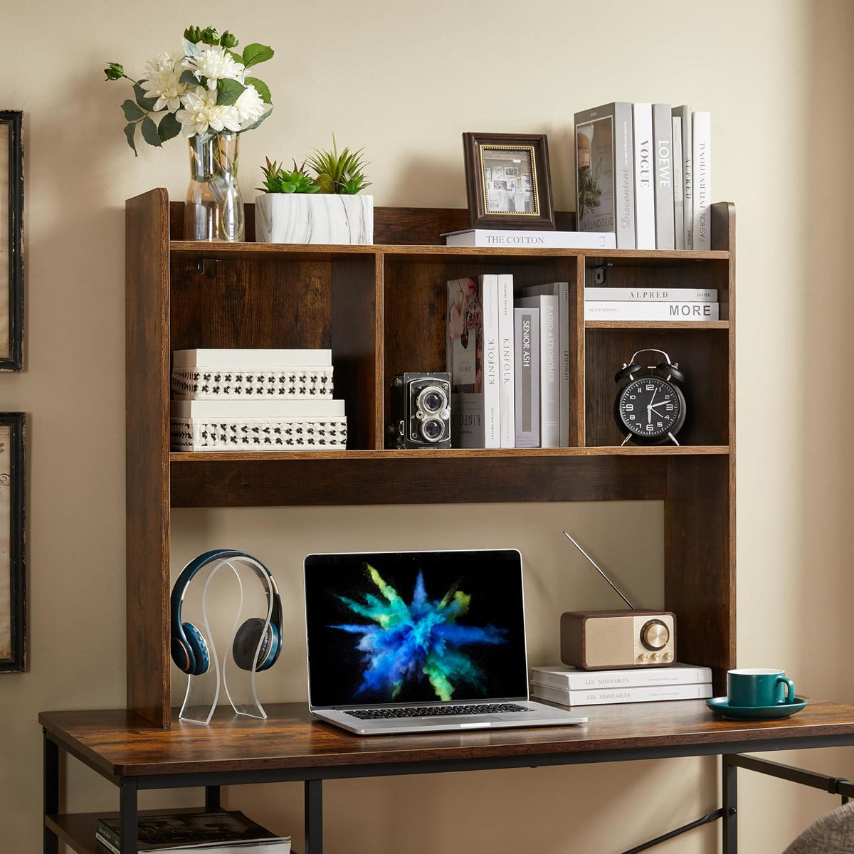 Desktop Bookshelf, Wooden Desk Storage Hutch with 6 Shelves for Computer Desk, 3-Tier Desktop Display Organizer Rack for Office Home (White)