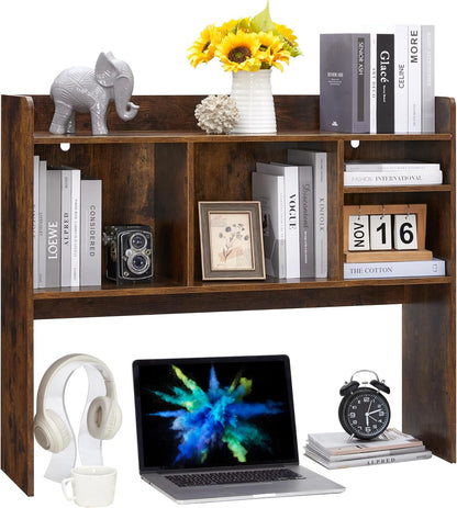 Desktop Bookshelf, Wooden Desk Storage Hutch with 6 Shelves for Computer Desk, 3-Tier Desktop Display Organizer Rack for Office Home (White)