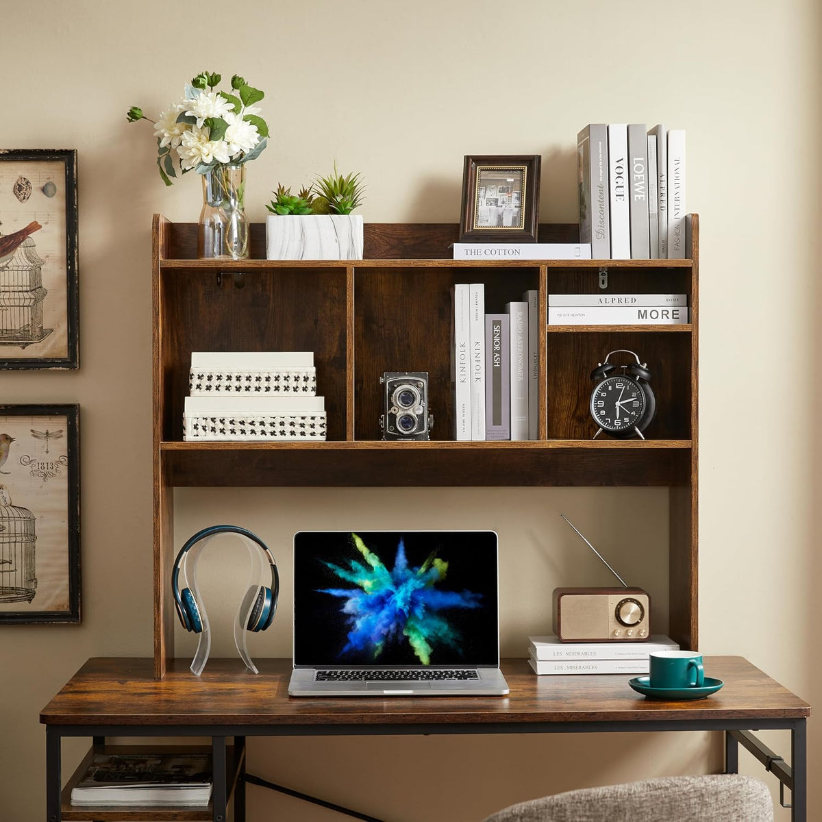 Desktop Bookshelf, Wooden Desk Storage Hutch with 6 Shelves for Computer Desk, 3-Tier Desktop Display Organizer Rack for Office Home (White)