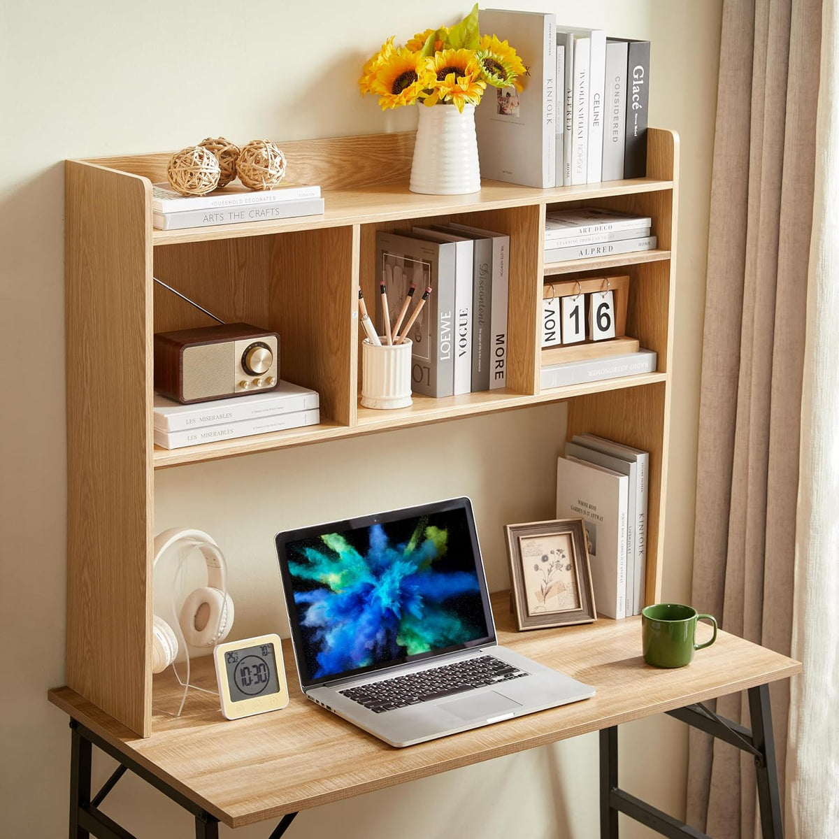 Desktop Bookshelf, Wooden Desk Storage Hutch with 6 Shelves for Computer Desk, 3-Tier Desktop Display Organizer Rack for Office Home (White)