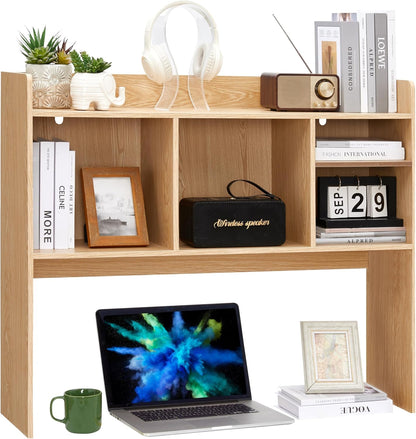 Desktop Bookshelf, Wooden Desk Storage Hutch with 6 Shelves for Computer Desk, 3-Tier Desktop Display Organizer Rack for Office Home (White)