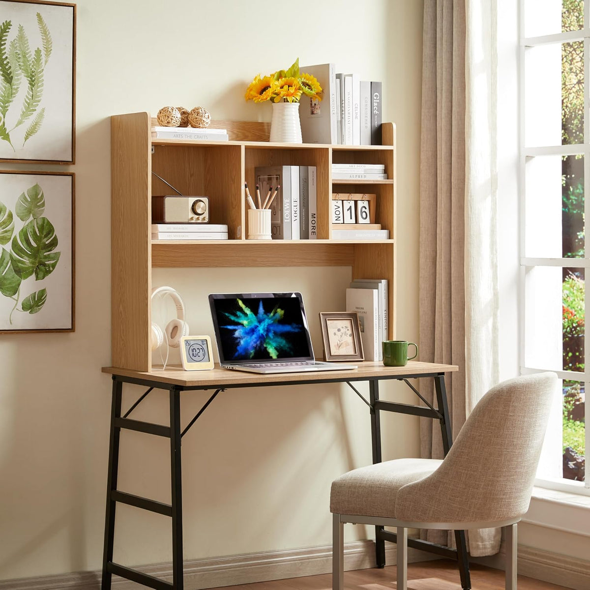 Desktop Bookshelf, Wooden Desk Storage Hutch with 6 Shelves for Computer Desk, 3-Tier Desktop Display Organizer Rack for Office Home (White)