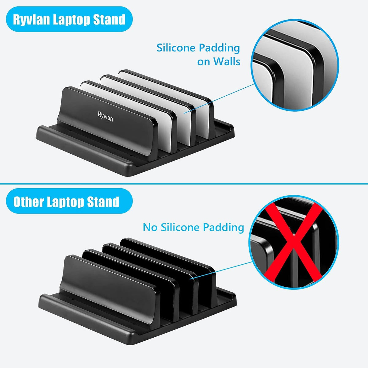 Vertical Laptop Stand, 3 Slot Adjustable Laptop Storage Rack and Desk Organizer, Silicone-Padded Holder for Multiple Devices Storage, Compatible Stand for Tablets and Devices up to 17 Inches