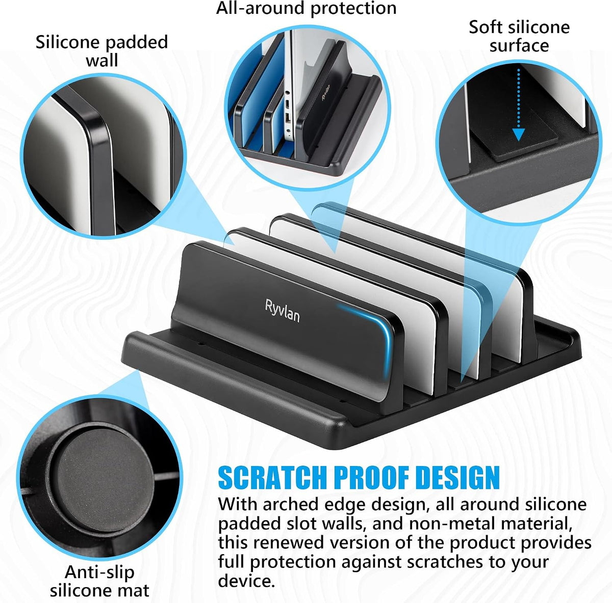 Vertical Laptop Stand, 3 Slot Adjustable Laptop Storage Rack and Desk Organizer, Silicone-Padded Holder for Multiple Devices Storage, Compatible Stand for Tablets and Devices up to 17 Inches