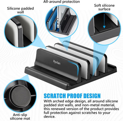 Vertical Laptop Stand, 3 Slot Adjustable Laptop Storage Rack and Desk Organizer, Silicone-Padded Holder for Multiple Devices Storage, Compatible Stand for Tablets and Devices up to 17 Inches