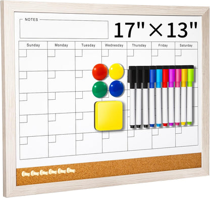 Dry Erase Calendar Whiteboard for Wall - 17x13 Inch Magnetic Whiteboard, Reusable Monthly Planner Board for Home Office, Classroom, Teachers & Students (White)