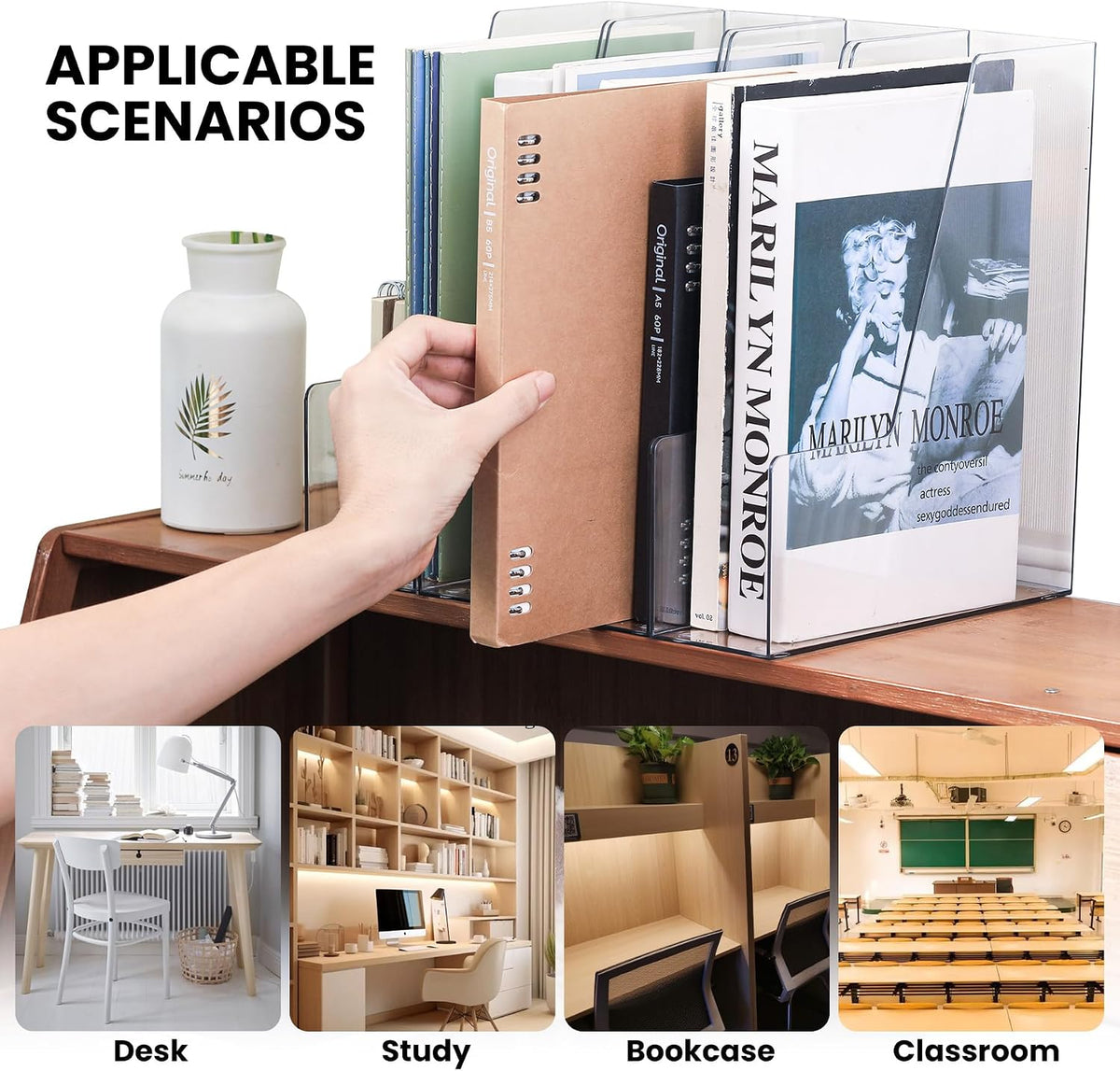 Clear Vertical Magazine File Holder, Plastic Desk Organizer Binder, 4PC