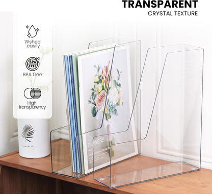 Clear Vertical Magazine File Holder, Plastic Desk Organizer Binder, 4PC