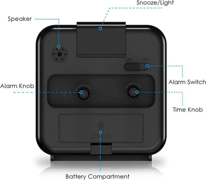 Analog Alarm Clock, Silent Non Ticking Small Clock, Travel Alarm Clock with Snooze & Light, Ascending Beep Sounds, Battery Operated Loud Alarm Clock for Bedroom, Bedside, Desk (Black)