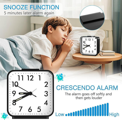 Analog Alarm Clock, Silent Non Ticking Small Clock, Travel Alarm Clock with Snooze & Light, Ascending Beep Sounds, Battery Operated Loud Alarm Clock for Bedroom, Bedside, Desk (Black)