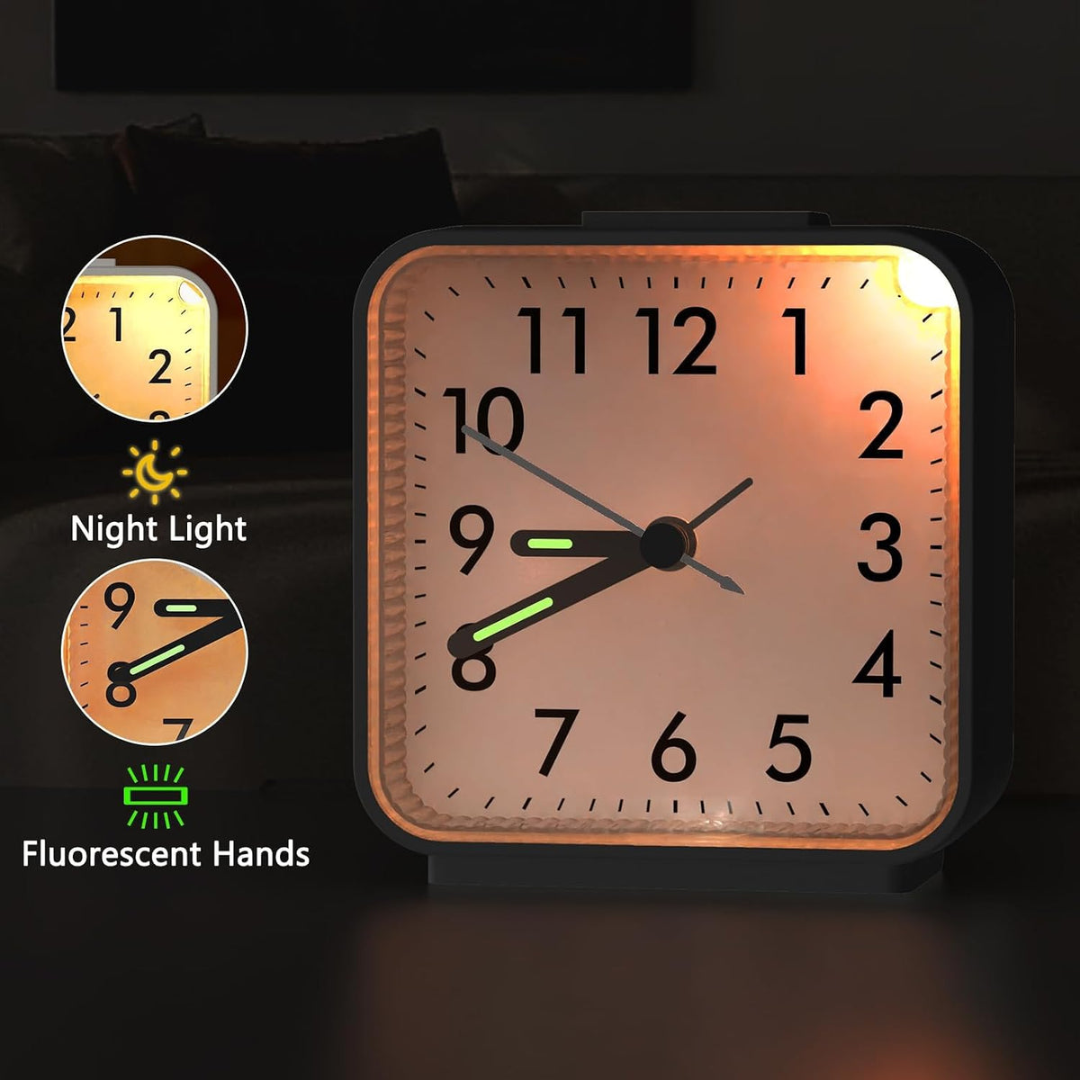 Analog Alarm Clock, Silent Non Ticking Small Clock, Travel Alarm Clock with Snooze & Light, Ascending Beep Sounds, Battery Operated Loud Alarm Clock for Bedroom, Bedside, Desk (Black)
