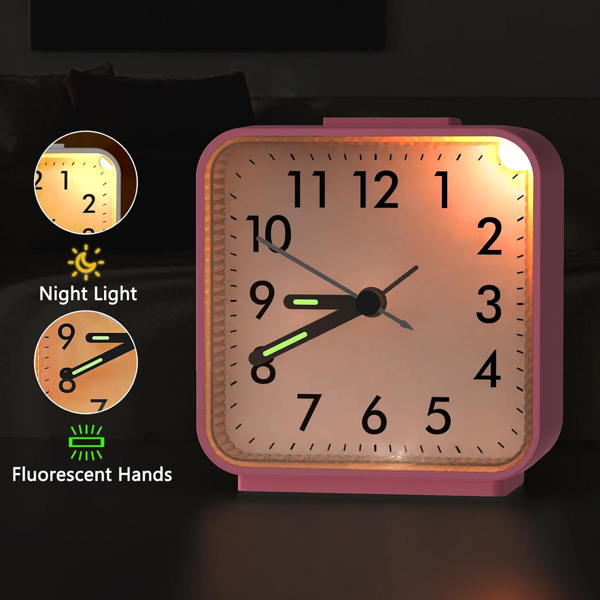 Analog Alarm Clock, Silent Non Ticking Small Clock, Travel Alarm Clock with Snooze & Light, Ascending Beep Sounds, Battery Operated Loud Alarm Clock for Bedroom, Bedside, Desk (Black)