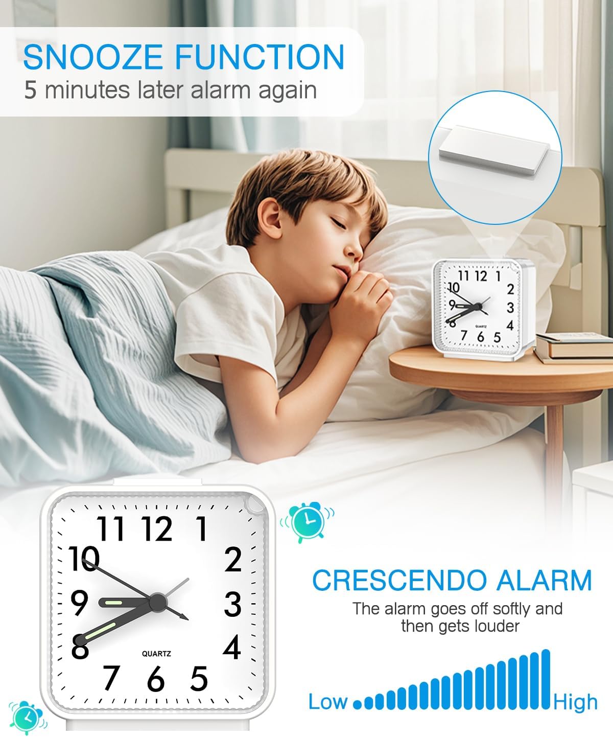 Analog Alarm Clock, Silent Non Ticking Small Clock, Travel Alarm Clock with Snooze & Light, Ascending Beep Sounds, Battery Operated Loud Alarm Clock for Bedroom, Bedside, Desk (Black)