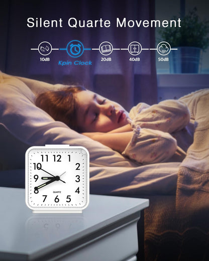 Analog Alarm Clock, Silent Non Ticking Small Clock, Travel Alarm Clock with Snooze & Light, Ascending Beep Sounds, Battery Operated Loud Alarm Clock for Bedroom, Bedside, Desk (Black)