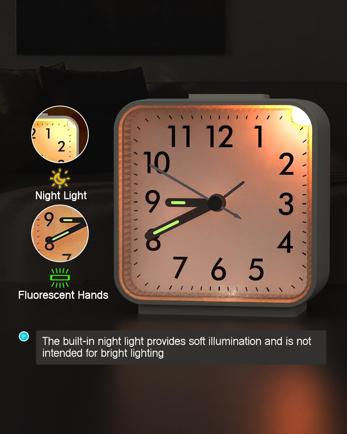 Analog Alarm Clock, Silent Non Ticking Small Clock, Travel Alarm Clock with Snooze & Light, Ascending Beep Sounds, Battery Operated Loud Alarm Clock for Bedroom, Bedside, Desk (Black)