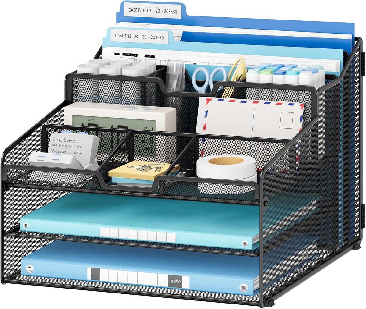 Desk Organizer - Metal Mesh with 2 Paper Letter Trays, 7 Flexible Dividers, 2 Vertical File Holders for Office/Home/Classroom Supplies, Desk Organizers and Accessories, Black