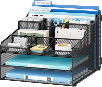 Desk Organizer - Metal Mesh with 2 Paper Letter Trays, 7 Flexible Dividers, 2 Vertical File Holders for Office/Home/Classroom Supplies, Desk Organizers and Accessories, Black