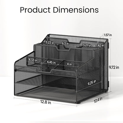 Desk Organizer - Metal Mesh with 2 Paper Letter Trays, 7 Flexible Dividers, 2 Vertical File Holders for Office/Home/Classroom Supplies, Desk Organizers and Accessories, Black