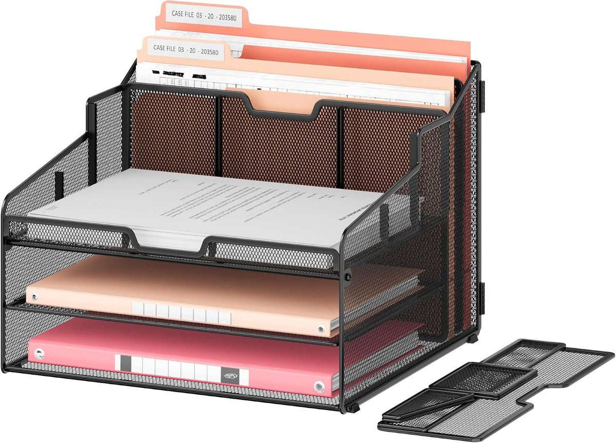 Desk Organizer - Metal Mesh with 2 Paper Letter Trays, 7 Flexible Dividers, 2 Vertical File Holders for Office/Home/Classroom Supplies, Desk Organizers and Accessories, Black