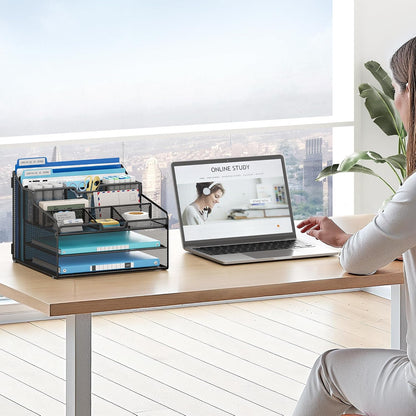 Desk Organizer - Metal Mesh with 2 Paper Letter Trays, 7 Flexible Dividers, 2 Vertical File Holders for Office/Home/Classroom Supplies, Desk Organizers and Accessories, Black